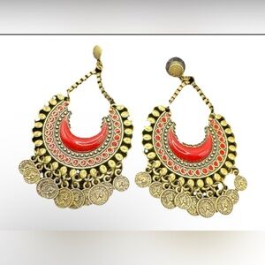 Large Bollywood Style Boho Earrings. Gold Tone - Red Stone & Roman Coin Dangles